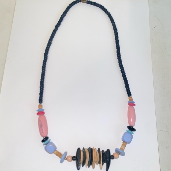 Vintage 80s Wood Bead and Stone Chip Statement Piece Necklace Pastels & Black - Picture 9 of 9